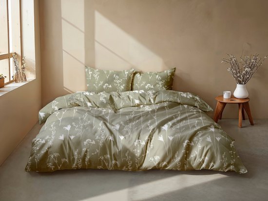 Zohome Yarrow Dekbedovertrek - Groen - Eenpersoons - Dekbedhoes van 100% Katoen-Flanel - Bloemen - 140x220 + 1 sloop 60/70 cm - AW25 van Merkloos