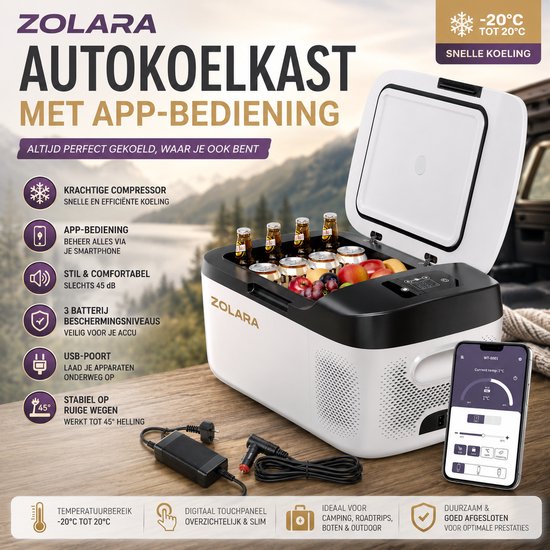 Zolara Draagbare Koelbox - Koelen en bevriezen - Snelle werking - Met USB - Bluetooth - App-bediening - 12V - Autokoelkast - Mobiele elektrische koeltas - Outdoor - Compressor - Camping - Auto - Camper - App-bediening - Zomer - Hitte - Glamping
