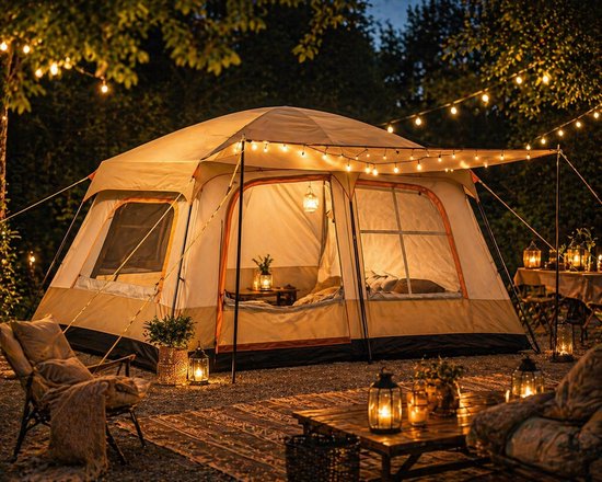 Zolara Familie Glampingtent - 4-6 Personen - Khaki - Tunneltent - Tunnel tent - Zonbescherming - UV bescherming - Oxford Materiaal - 2 Slaapkamers + Woonruimte, Muggengaas - Waterafstotend - Ideaal voor Kamperen en Glamping - Camping van Merkloos
