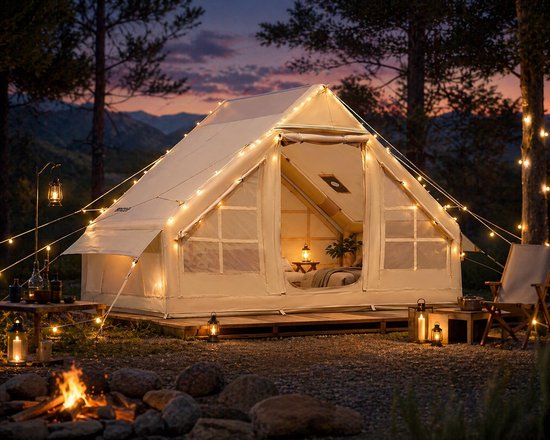 Zolara Glamping tent - Opblaasbare Tent - 4x3,1m - Kampeertent 3-4 Personen - Gezinstent - Met Pomp - Waterdicht Glamping Tent- Snel Opzetbaar - Beige van Merkloos