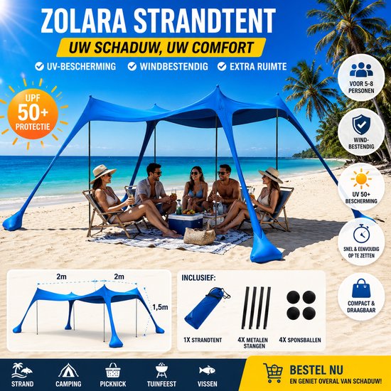 Zolara Strandtent - Draagbare strandluifel - Schaduwdoek - UV Bestendig Zonnescherm voor Strand, Camping en Tuin - Windbestendige Beach Canopy met Draagtas van Merkloos