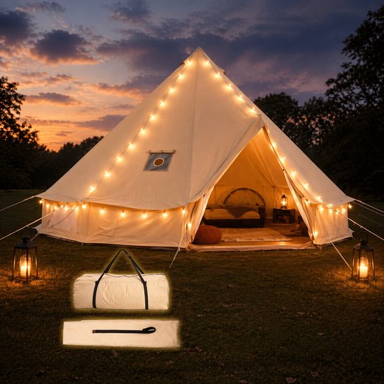 Zolara Tipi Tent - Galmping - Canvas Tent 4 Persoons - 3 meter - Glamping Tent - Met UV zonbescherming - Kampeertent - Yurt Tent met Kachelopening - Waterdicht - Grondzeil - Draagtas van Merkloos