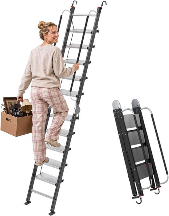 Zoldertrap met leuning en haken, 2,4-2,7 m plafondhoogte, aluminium bodemtrap, 10-traps zolderladder met antislip treden en voetkussens, draagvermogen 150 kg