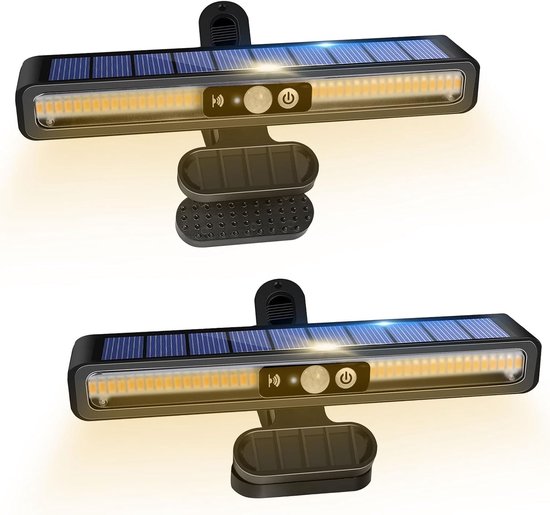 Zonnelampen voor buiten, 2 stuks zonnelampen met klem, heldere led-wandlampen met bewegingsmelder, 3 verlichtingsmodi, waterdicht, voor hek, binnenplaats, garage, camping