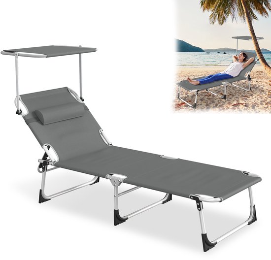 Zonneligstoel met dak, tuinstoel, outdoor ligstoel met hoofdkussen, strandstoel, inklapbaar, verstelbare rugleuning, zonwering tot 100 kg, voor strand, camping, balkon, terras, antraciet