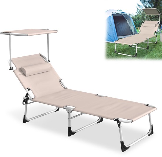 Zonneligstoel met dak, tuinstoel, outdoor ligstoel met hoofdkussen, strandstoel, inklapbaar, verstelbare rugleuning, zonwering tot 100 kg, voor strand, camping, balkon, terras, kaki