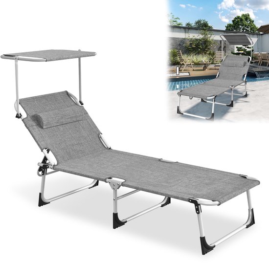 Zonneligstoel met dak, tuinstoel, outdoor ligstoel met hoofdkussen, strandstoel, inklapbaar, verstelbare rugleuning, zonwering tot 100 kg, voor strand, camping, balkon, terras, vlasgrijs
