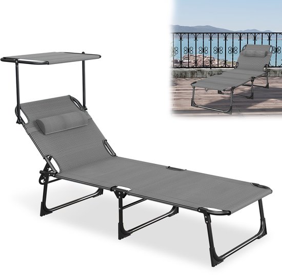 Zonneligstoel met dak, tuinstoel, outdoor ligstoel met hoofdkussen, strandstoel, inklapbaar, verstelbare rugleuning, zonwering tot 100 kg, voor strand, camping, balkon, terras, zwart