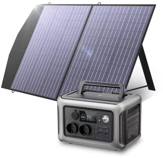 Zonnepaneel inclusief Draagbaar Powerstation - Noodstroom - Inclusief accu 299Wh - Camper - Vakantie - Boot - 100 Watt paneel - 600W AC output - Zonnepaneel inklapbaar van Merkloos