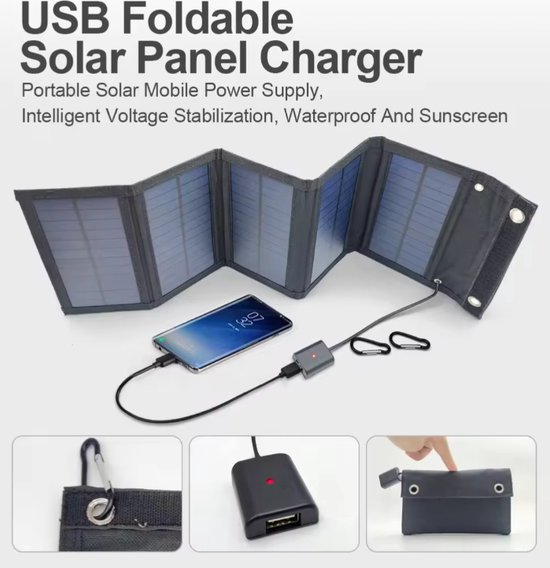 Zonnepaneel - Opvouwbaar zonnepaneel - Sun Power - Zonnecellen Oplaadbatterij - Werkspanning 5V / 10-15W max. vermogen - USB - Zonnepanelen voor buiten - voor Smartphone Camping van Adventure Goods