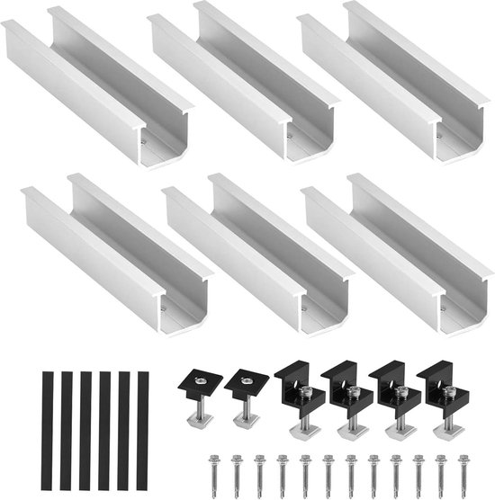 Zonnepaneelhouder fotovoltaïsche montageset - 6 rails - aluminium profiel - verstelbare klemmen - plat dak trapeziumplaat metaal van Merkloos