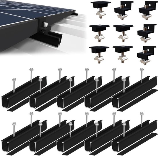 Zonnepaneelhouder - Montageset voor 4 modules - 12 cm zwarte rail - Verstelbare klem - Aluminium - Plat dak - Trapeziumplaat - Metaal dak van V-TAC