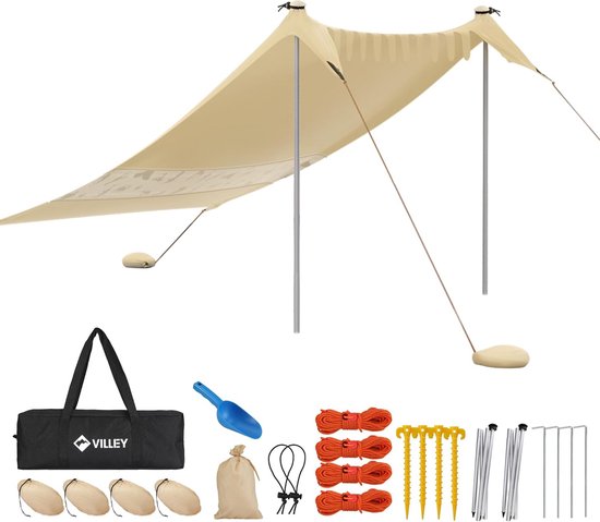 Zonnetent 2 m x 2,4 m, kaki, UPF50+ uv-bescherming, lycra strandtent voor 3 personen, parasol strand met zandzak en 2 steunstaven, voor picknick, vissen, zonwering van TecTake