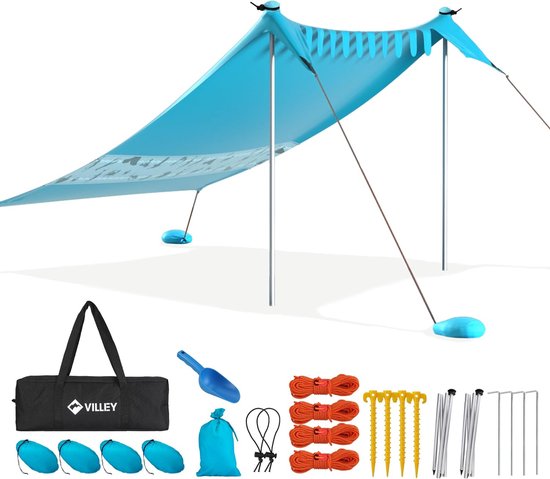 Zonnetent 2 m x 2,4 m, UPF50+ uv-bescherming, lycra strandtent voor 3 personen, parasol strand met zandzak en 2 steunstaven, voor picknick, vissen, zonwering van Merkloos