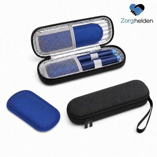 Zorghelden® Compacte insuline koeltas Zwart - Inclusief 2 icepacks - Diabetes etui - Compact koeltasje voor op reis