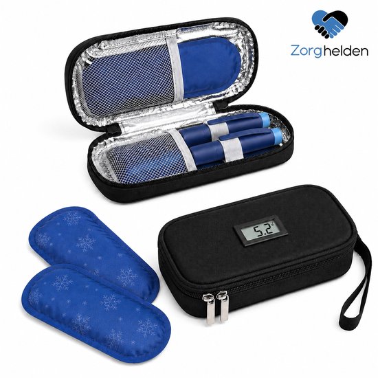 Zorghelden® Luxe insuline koeltas - Inclusief ingebouwde thermometer - Inclusief 2 icepacks - Diabetes etui - Compact koeltasje voor op reis