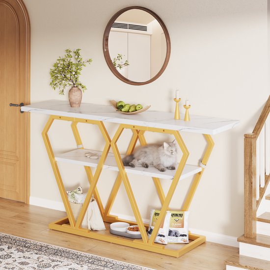 Zubaliya 1-Stuk Console Tafel - Witte Marmer Print Smalle Tafel Met Opbergplank - 120 Cm Hal Tafel Voor Keuken Of Woonkamer