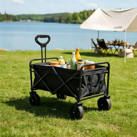 Zware opvouwbare handtrekkar maximaal draaggewicht 125 kg met verstelbare handgreep en afneembare waterdichte zak afmeting 80*43*65 cm zwart lading tijdens boodschappen strand en kampeeruitjes