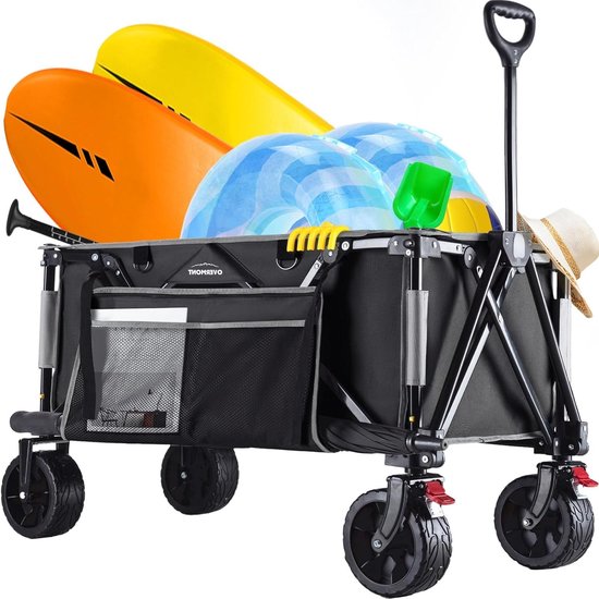 Zware opvouwbare trolleywagen met grote wielen - 120 kg capaciteit - festivalwagen met zijzakken - kamperen buiten tuin strand - verstelbaar handvat - zwart blauw Bolderkar van Merkloos