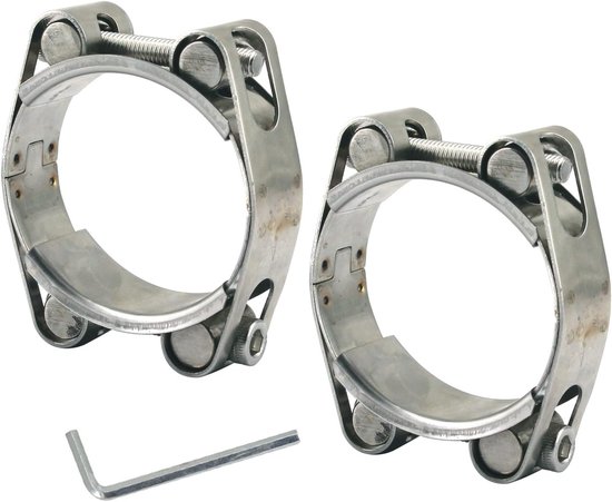 Zware T-bout slangklem van roestvrij staal, dubbele kop, dubbele laag, 60-70mm, 20mm bandbreedte, set van 2 met sleutel, voor slangen en buizen
