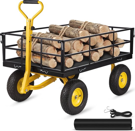 Zware Tuinwagen met Stalen Frame en Rubber Wielen - 544 kg Draagvermogen, Comfortabele Handgreep, Ideaal voor Tuin en Transport