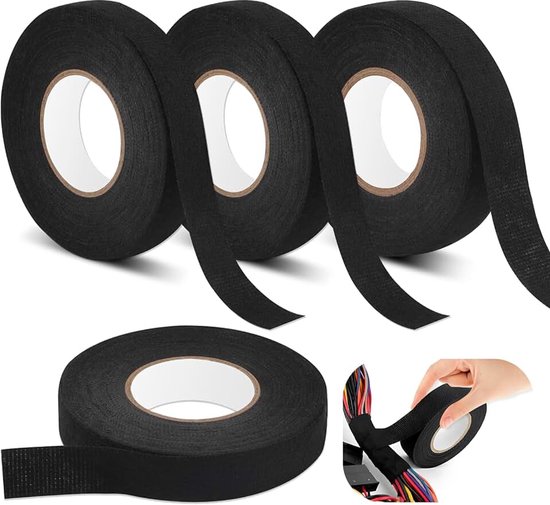 Zwart, 4 stuks, kabelboomtape, 2 maten, isolatietape, zwart, textielplakband, zelfklevend, voor kabelbomen, huishouden, auto, motorfiets (19 mm x 15 m/15 mm x 15 m)
