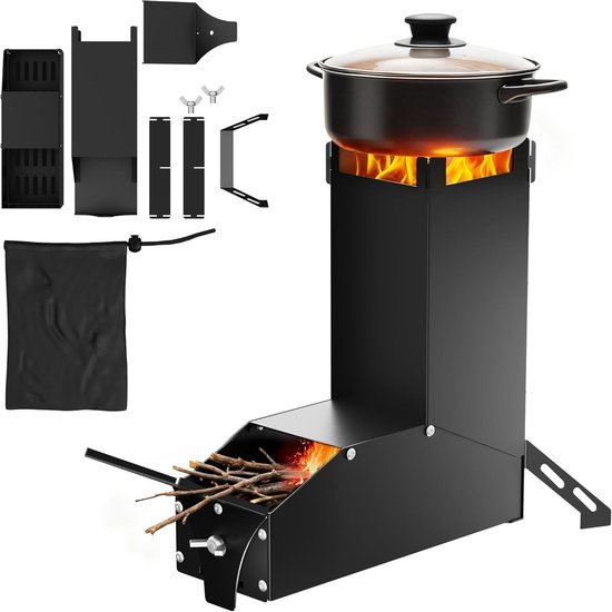 Zwart Stalen Raketoven, Outdoor Houtkachel met Afneembaar Bovenstaand Gemonteerd Dwarsframe voor Droge Potten, Campingbarbecues En Soeppanten, Draagbare Raketkooktoestel Voor Camping, Strand, Tuin van Merkloos