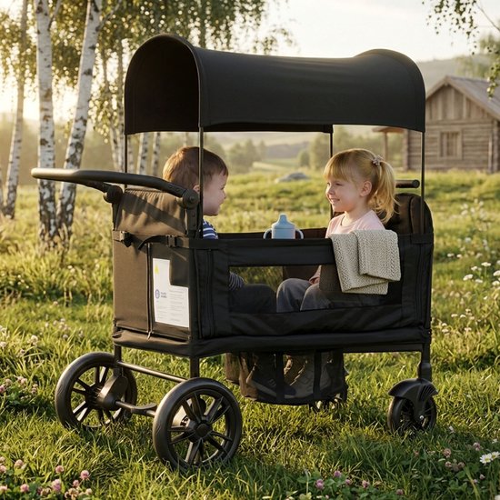 Zwarte, compact opvouwbare bolderwagen voor 2 kinderen met 8-voudig verstelbare, gevoerde duwbeugel, zonnedak, serveerblad en 5-punts veiligheidsgordel – ideaal als zitkar