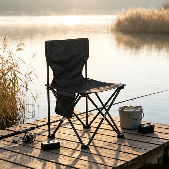 Zwarte extra grote (39x39 cm) opvouwbare campingstoel - ook geschikt om op te schetsen - voorzien van een zijvak een draagbare opvouwbare stoel die ideaal is voor kamperen vissen en gebruik in de tuin