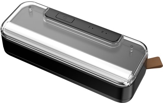 Zwarte mini-sealmachine, elektrische voedselsealmachine, USB-oplaadbare batterij, bediening met één hand, compact en draagbaar, geschikt voor snacks en andere voedingsmiddelen.