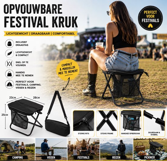 Zwarte Opvouwbare Festival Kruk – Draagbare Camping Stoel met Draagtas – Lichtgewicht Vouwstoel voor Festivals, Reizen & Outdoor