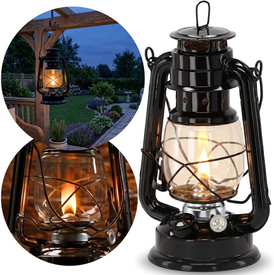 Zwarte Retro OLIELAMP, Metalen Lantaarn, Lampion met Vlamregeling – 28 cm