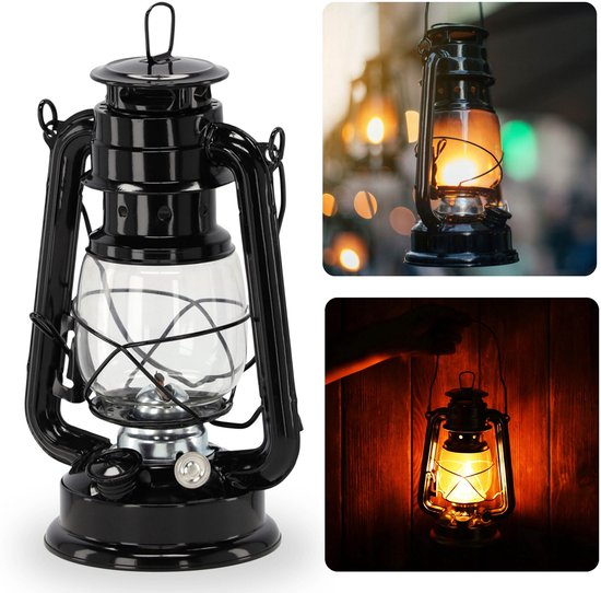Zwarte retro OLIELAMP, metalen lantaarn, windlicht met vlamregeling – 24 cm van Merkloos