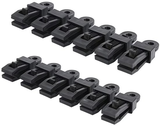 Zwarte zeilklemmen set van 12 - waterdichte tarp clips voor zwembadafdekking, luifel, tent doek en autohoes - verstelbare kunststof klemmen voor kamperen en outdoor gebruik