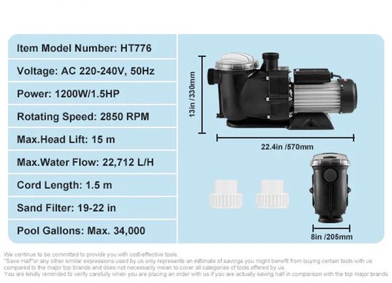 Zwembadpomp - 2850RPM - voor Bovengrondse Zwembaden - Hot Tubs - Spa'S - 1,5 Pk 100 Gpm - Maximale Doorstroming - 220V - Filtermand - Max. 40.000L van Aqualin.