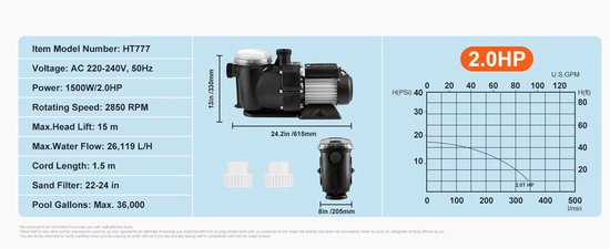 Zwembadpomp - 2850RPM - voor Bovengrondse Zwembaden - Hot Tubs - Spa'S - 2 Pk 115 GPM - Maximale Doorstroming - 220V - Filtermand - Max. 40.000L van CARDEN הוּא‎