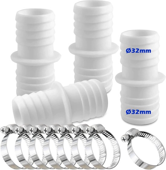 Zwembadslangadapter - Wasmachine-afvoer - Pulsator-uitlaat - 4-pack 32 mm slangaansluiting - met 8 slangklemmen - Dubbele slangadapter - Wit - 7,4 cm van Merkloos