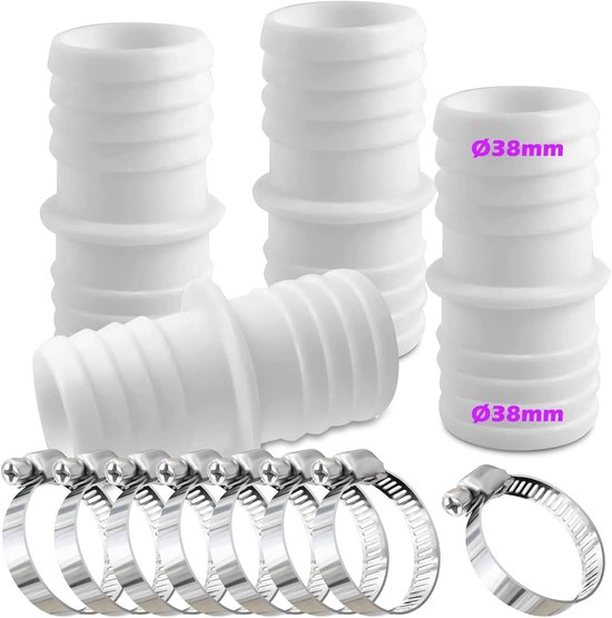 Zwembadslangadapter - Wasmachine-afvoer - Pulsator-uitlaat - 4-pack 38 mm slangaansluiting - met 8 slangklemmen - Dubbele slangadapter - Wit - 7,4 cm van Jellyfish.