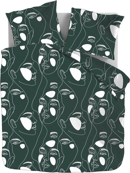 Zydante® Dekbedovertrek Printed 200x200/220 cm - Green Faces - met 2 Kussenslopen