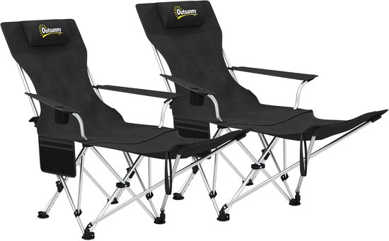 ZYLARO Campingstoel - 2 stuks opvouwbaar Kampeerstoel - Verstelbare relaxfauteuil - met afneembare voetensteun en bekerhouder - zwart
