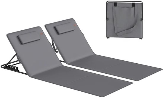 ZYLARO Strandmat Opvouwbaar - Set van 2 Strandmatten - Strandstoel met Hoofdsteun en Opbergtas - Verstelbare Rugleuning in 4 Standen - Lichtgewicht - 154L x 57B x 52H cm - Donkergrijs + Zwart